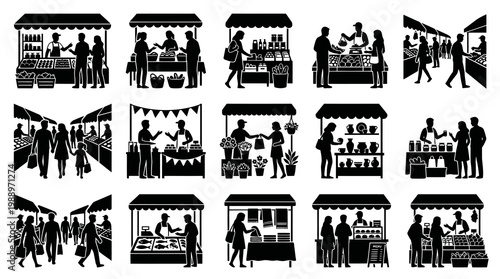 Market Stalls and Shopping Scenes Silhouettes. Black  White Vector Glyphs of Vendors and Customers.
