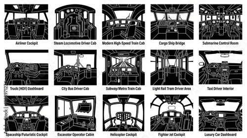 Transportation Cockpits  Driver Cabs Collection - Black and White Line Art Vector Icons
