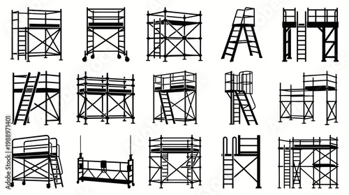Black and White Scaffolding Icons Set, Construction Industry Vector Art