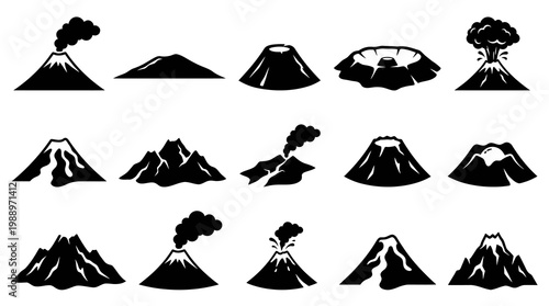 Black  White Glyph Icons of Various Volcano Types and Eruptions