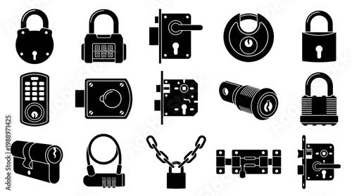 Black Icons of Locks and Security Hardware on White Background
