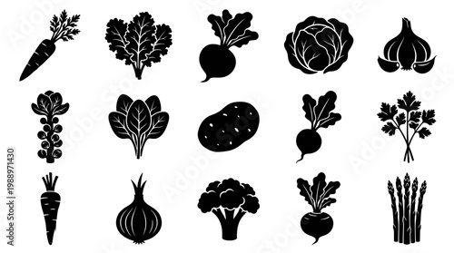 Black  White Glyph Icons of Fresh Vegetables, Food Icons