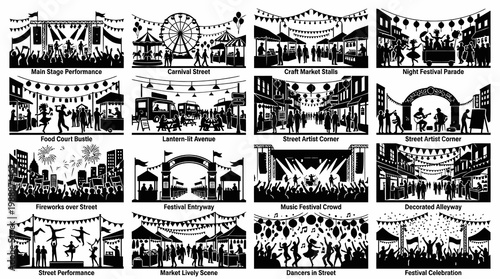 Black and White Festival Scenes Vector Icons - Celebration, Performance, Market