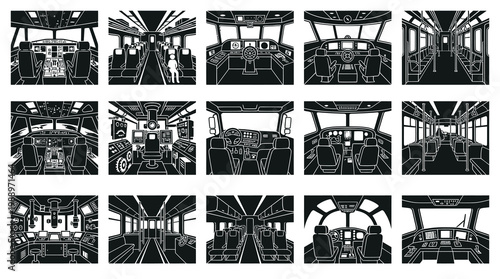 Black  White Line Art Glyphs of Transportation Vehicle Interiors, Cockpits  Control Rooms