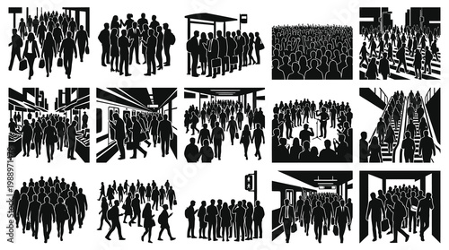 Urban Crowd Silhouettes Vector Set: People Commuting, Shopping  Public Gathering Black and White Glyphs
