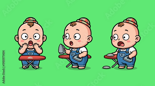 Adorable cartoon baby ironing clothes with a surprised expression on face.