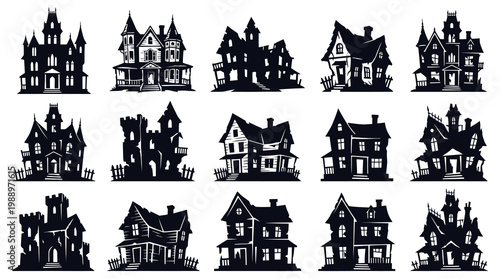 Spooky Haunted Houses Black Silhouettes Vector Icons Set for Halloween