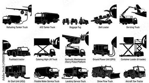 Airport Ground Support Equipment Icons - Black and White Vector