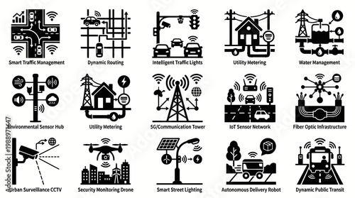 Smart City IoT Technology Glyph Icons Set for Urban Management and Digital Infrastructure