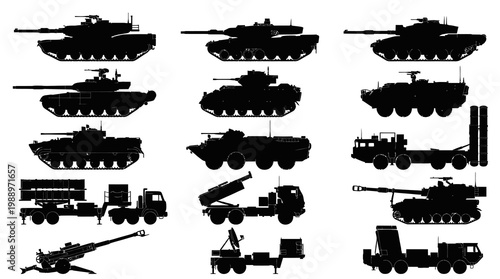 Modern Military Defense Combat Vehicles and Weapon Systems Silhouettes Vector Set