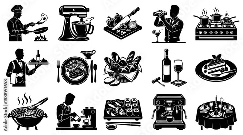 Food and Drink Icons Set: Culinary, Restaurant, Bar, Cafe, and Dining Black  White Glyph Illustrations