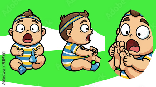 Adorable cartoon baby with surprised expression and open mouth, looking amazed.