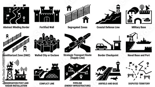 Black  White Military, Security, Border, and Geopolitical Glyph Icons Set