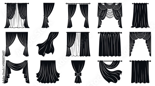Home Decor Curtains and Drapes Black  White Silhouette Vector Set for Interior Design