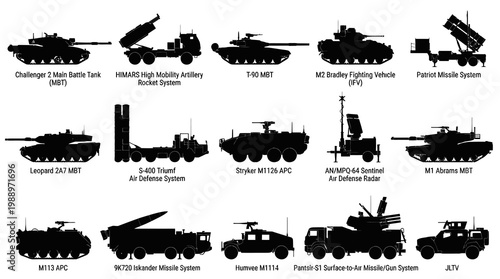 Modern Military Defense Vehicles and Weapon Systems Black Silhouette Vector Icons