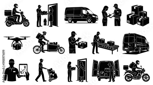 Logistics and Delivery Service Black  White Glyph Icons: Couriers, Shipping, Transportation