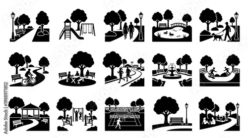 Outdoor Park Activities  Recreation Icons Set Black Silhouette Glyphs