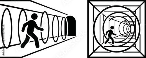 Bold solid style portal icons with silhouettes passing through rings for tech branding