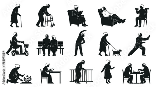 Elderly seniors active lifestyle black and white icons, healthy aging