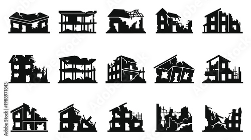 Disaster and War Ruined Buildings Glyph Icons Set. Destroyed Houses and Collapsed Structures