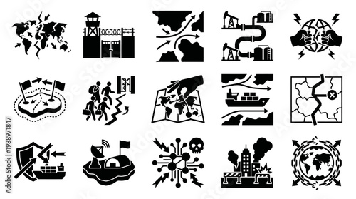 World map geopolitical conflicts and threats glyph icons set