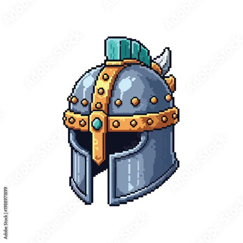 A meticulously crafted pixel art vector of a fantasy knight's helmet, featuring steel plates, gold stud accents, and a vibrant teal-colored crest.