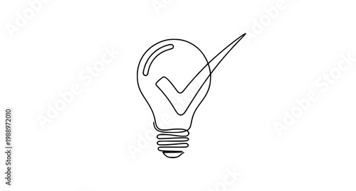 Continuous line light bulb with checkmark icon monoline modern innovation symbol creative idea logo isolated on white