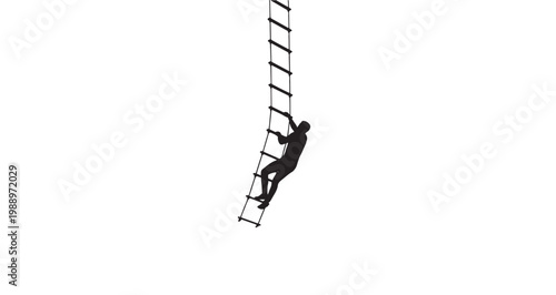 Gravity Ladder Climber Silhouette vector illustration features a determined silhouette figure diligently climbing a long rope ladder, symbolizing upward progress, personal growth.
