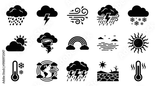 Weather Icons Set: Rain, Thunderstorm, Wind, Snow, Sun, Tornado, Rainbow, Drought, Thermometer