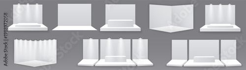 A collection of white display stands and podiums for product presentation