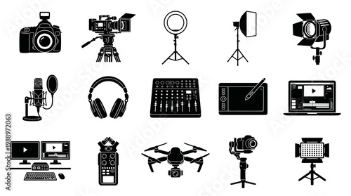 Vector Set: Video Production Equipment - Camera, Drone, Microphone, Lights