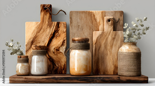 Rustic Kitchen Still Life: An inviting display of natural wooden cutting boards, mason jars and ceramic vase, evoking a sense of warmth and rustic elegance