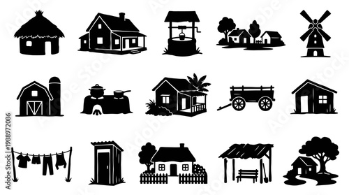 Traditional Rural Farm Village Buildings and Structures Silhouette Icons Set