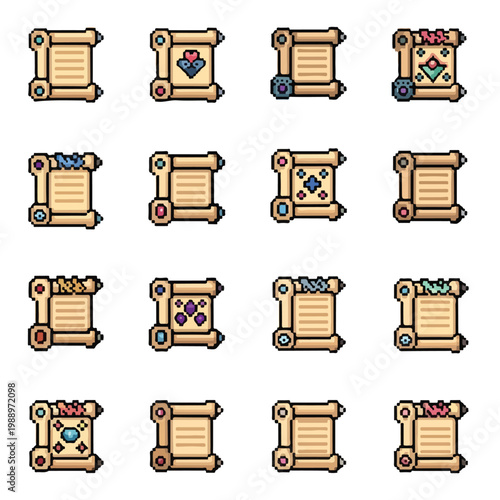 This image showcases sixteen unique pixel art scrolls with various icons and decorative trims, ideal for fantasy RPG game UI or inventory icons.