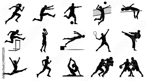 Black and white sports silhouettes, athletes in action, vector art