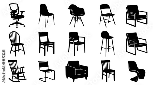 Diverse Furniture Chairs Black White Silhouette Vector Icons Set