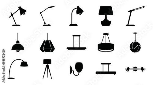 Home Decor Lighting Fixtures Glyph Icons Set - Various Lamps Silhouette Collection