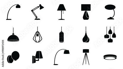 Lighting Fixtures and Lamps Glyph Icons Set for Home Interior Design