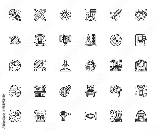 Space Exploration icon set. Vector illustration pack with spacecraft, astronaut, galaxy, Mars, rocket, satellite, UFO, black hole and more. Editable stroke.