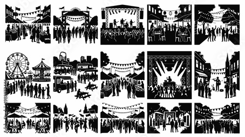Black  White Silhouette Vector Illustrations of Outdoor Festivals and Event Scenes
