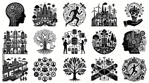Smart Technology  Sustainability Concept Vector Icons Set - Black  White Glyph Art