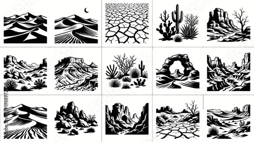 Desert Landscape Scenery Black  White Line Art Vector Collection