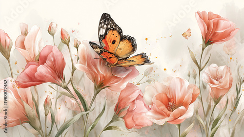 watercolor botanical butterfly and flowers texture template background.Elegant wedding invitation card background . Minimal hand painted Design for wedding or Valentine's Day