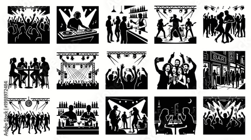Nightlife Entertainment Silhouette Vector Illustrations: Club, Bar, Party  Concert Scenes