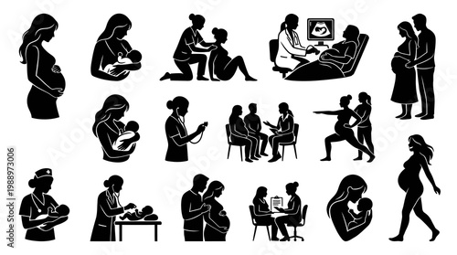 Maternity Pregnancy Childbirth Newborn Healthcare Care Silhouette Glyph Icons Set