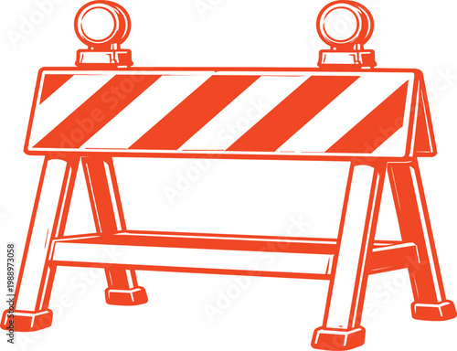 Orange and white road block sign.