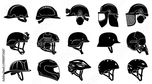 Diverse Helmets Collection: Safety Gear Icons, Black and White Vector Art