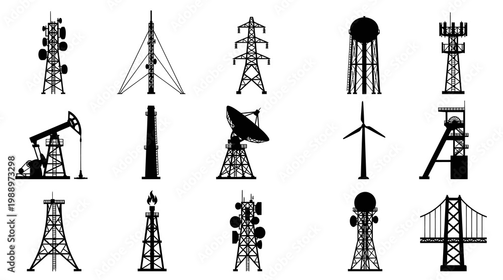 Naklejka premium Industrial Technology Energy Infrastructure Towers Black Silhouette Glyph Icons