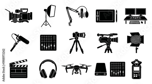 Filmmaking, Photography, Audio  Video Production Glyph Icons Set