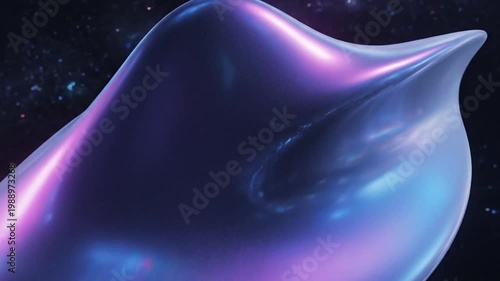 Luminous blue and violet floating 3d abstract wave shape with glossy metallic surface and starry space ambience